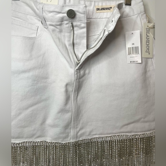 Blank NYC NWT White Denim Rhinestone Fringe Mini Skirt - Picture 2 of 6